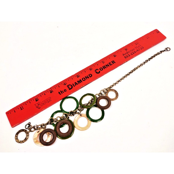 VTG Gold Tone Hammered Disc Ring Earth Tones Marble Green 7" Bracelet - Picture 3 of 7